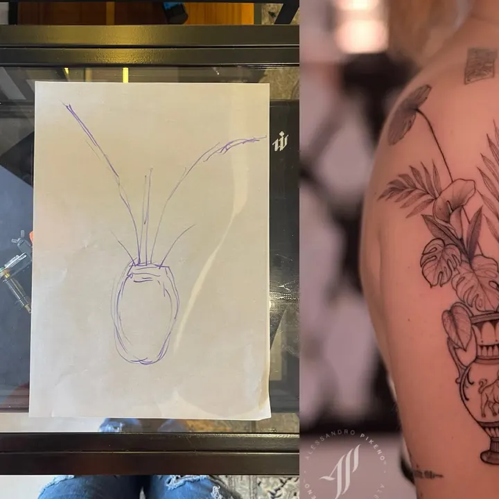 Desenho no papel ao lado da tatuagem pronta